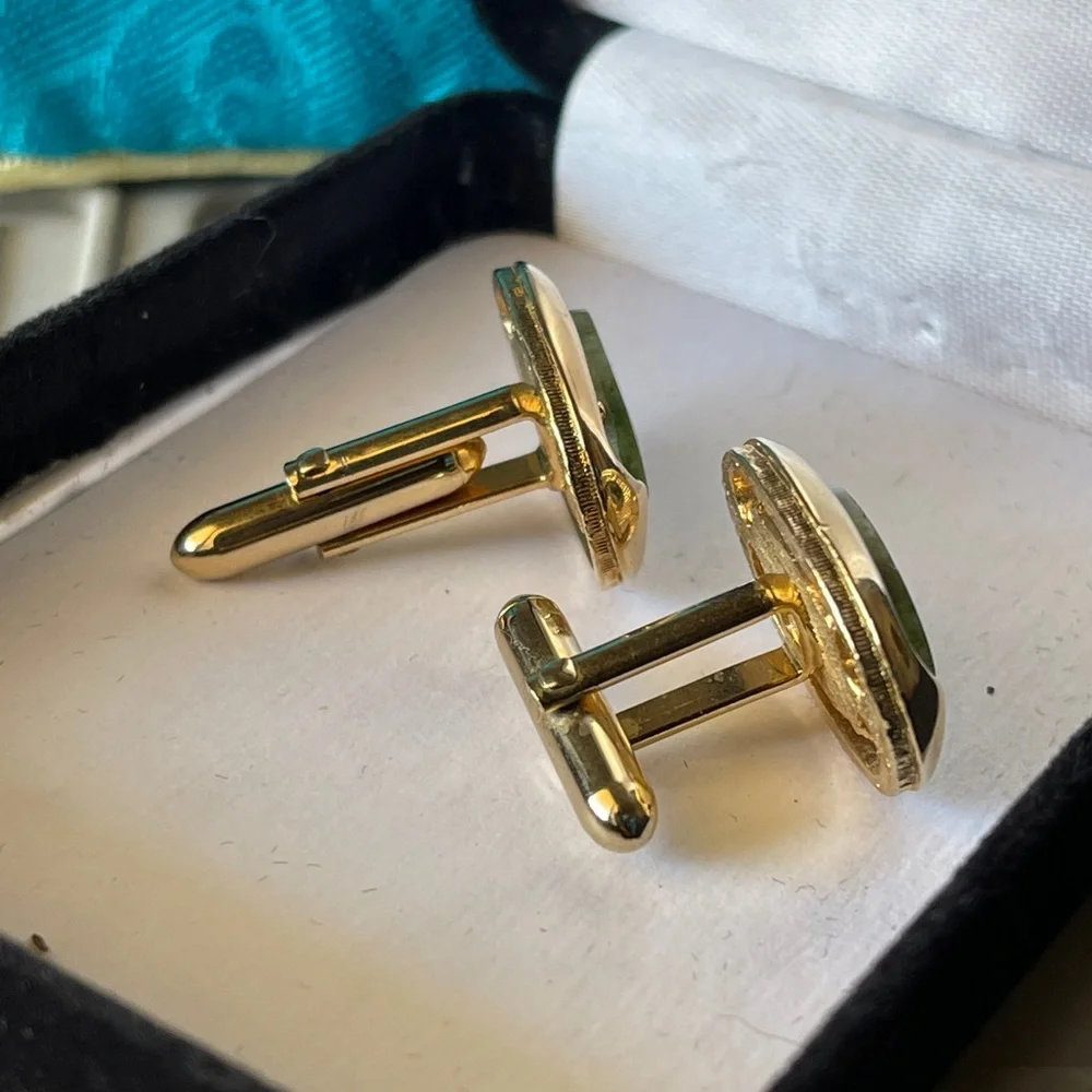 Vintage Genuine Mottled Green And White Jade Cufflink and Tie Tack Set